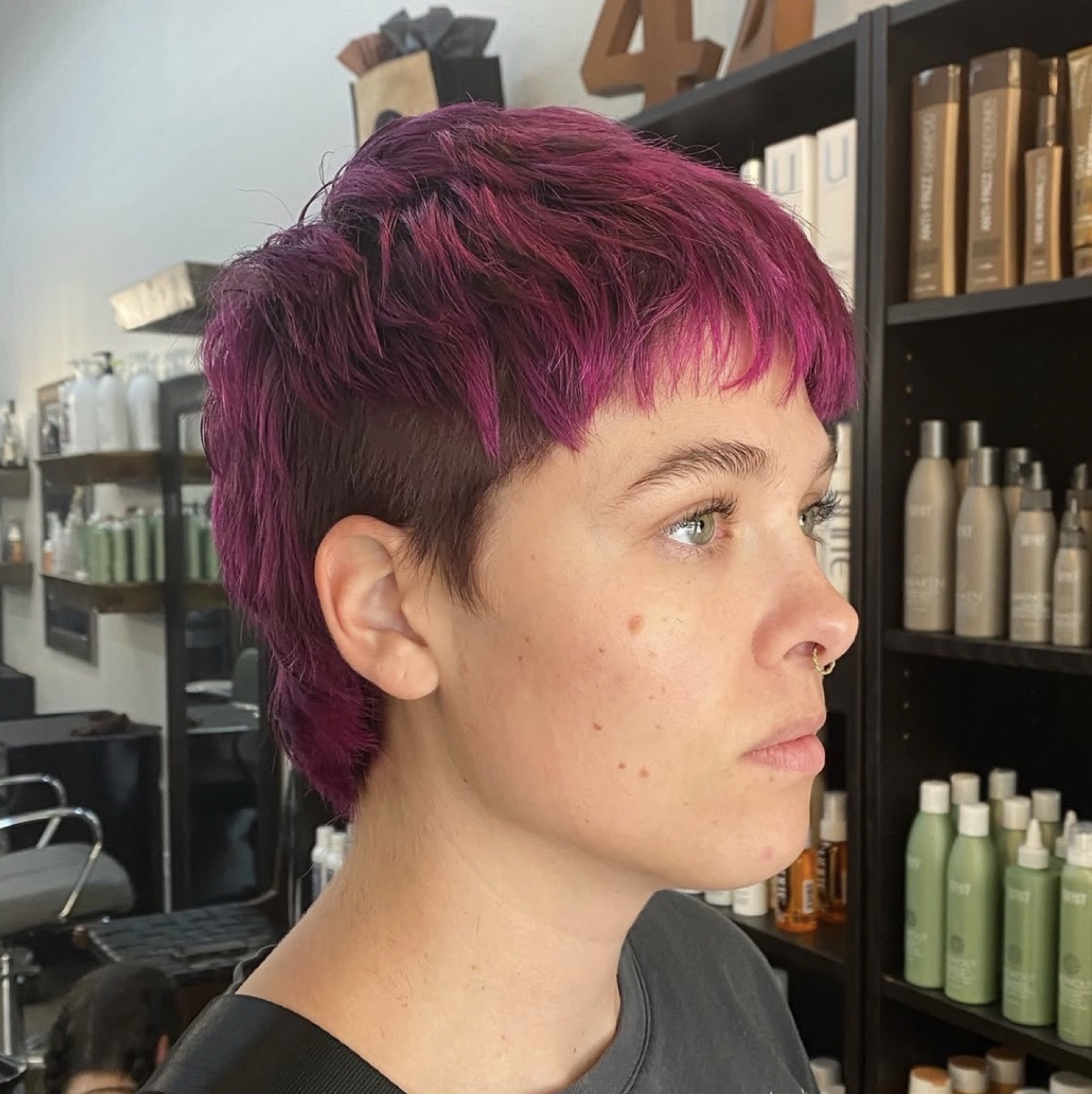 Magenta pixie mullet shape