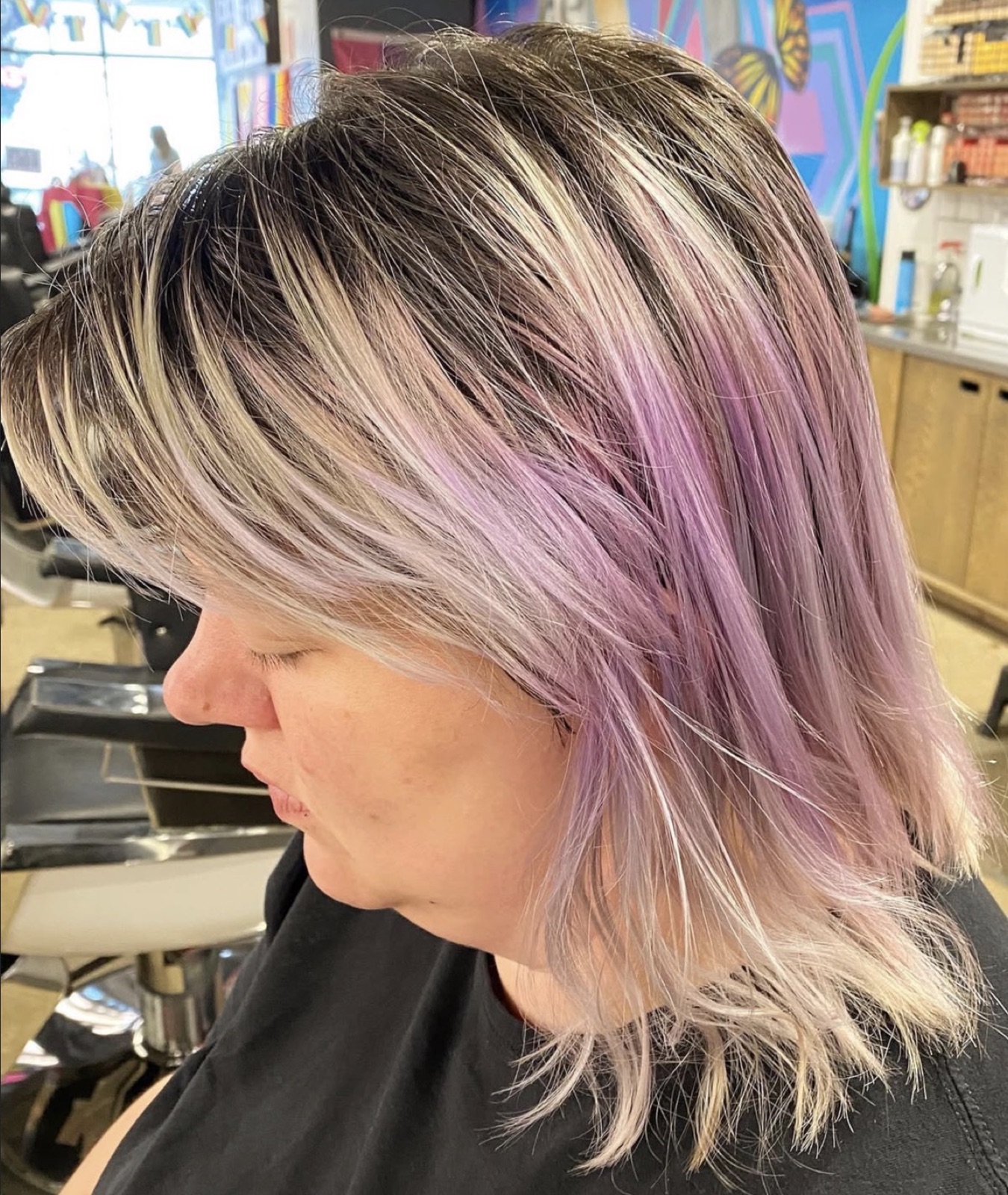 Blonde with purple underlay before