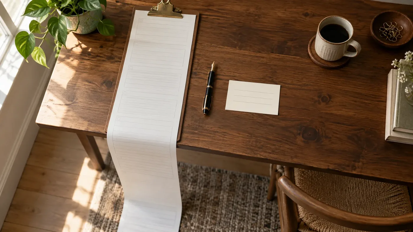 A very long paper form unrolling off a desk beside a short index card