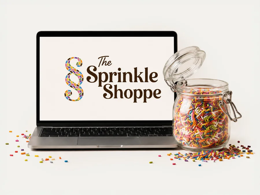The redesigned sprinkle-brand site shown on a laptop beside a jar of sprinkles