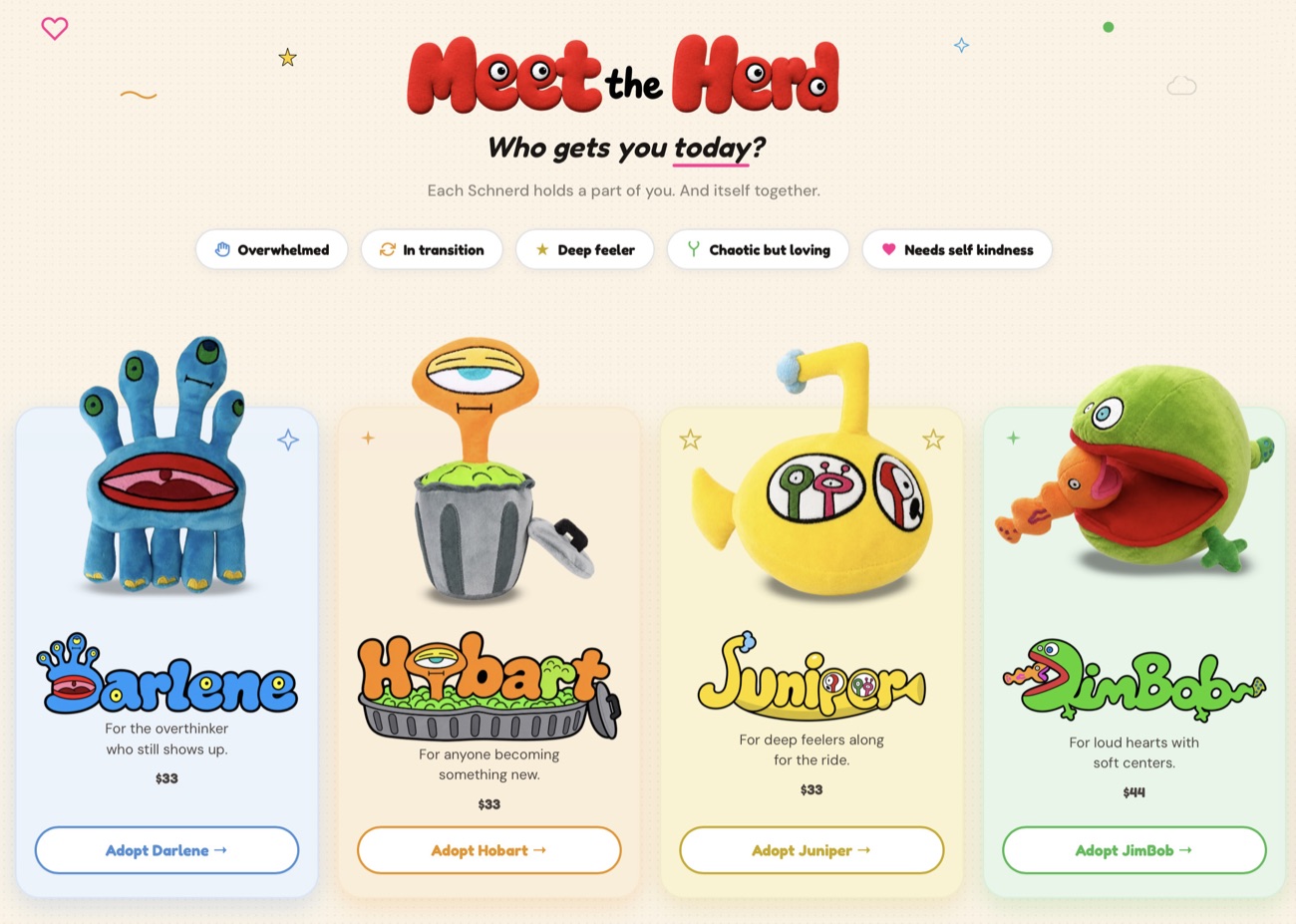 Adopt a Schnerd: product cards with emotional copy, ratings, and a Certificate of Adoption