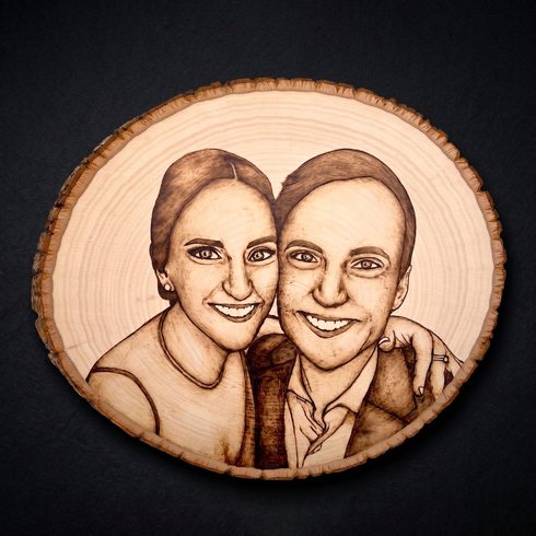 Wood burned couple portrait