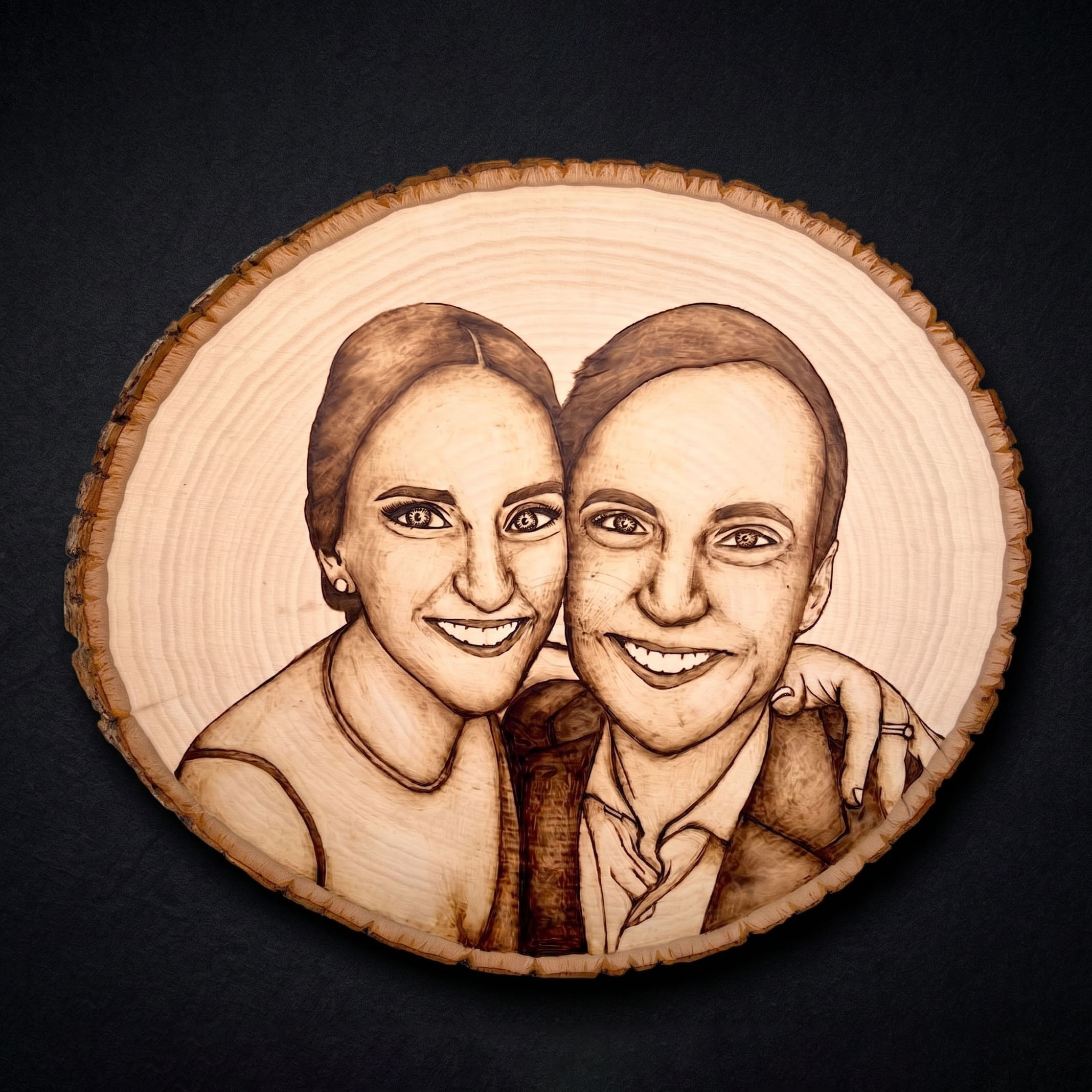 Wood burned couple portrait